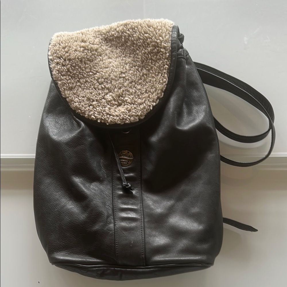 Black Leather Backpack with Shearling Flap